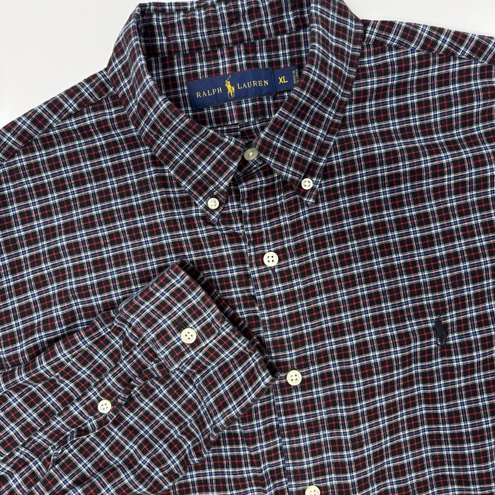 Ralph Lauren Mens XL Plaid Button‎ Down Shirt Navy Red White Cotton Long Sleeve